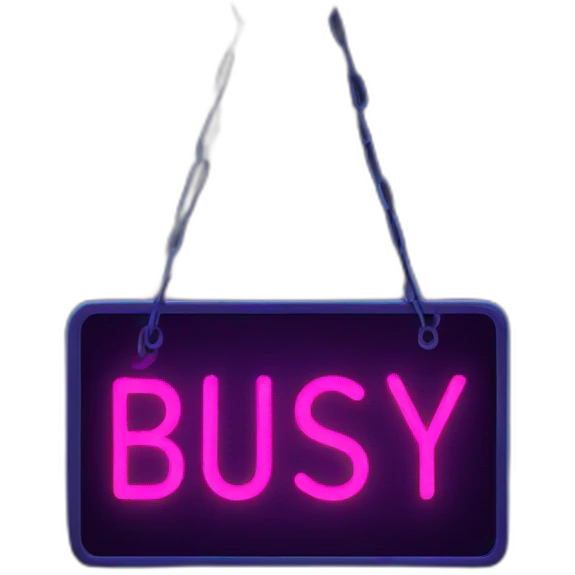 dark hanging sign with neon busy text emoji
