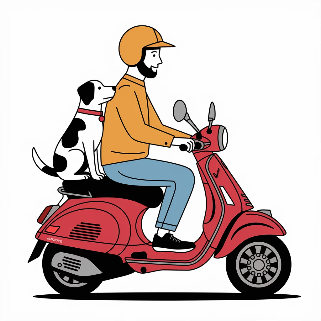 man and his pet dog riding a vespa emoji