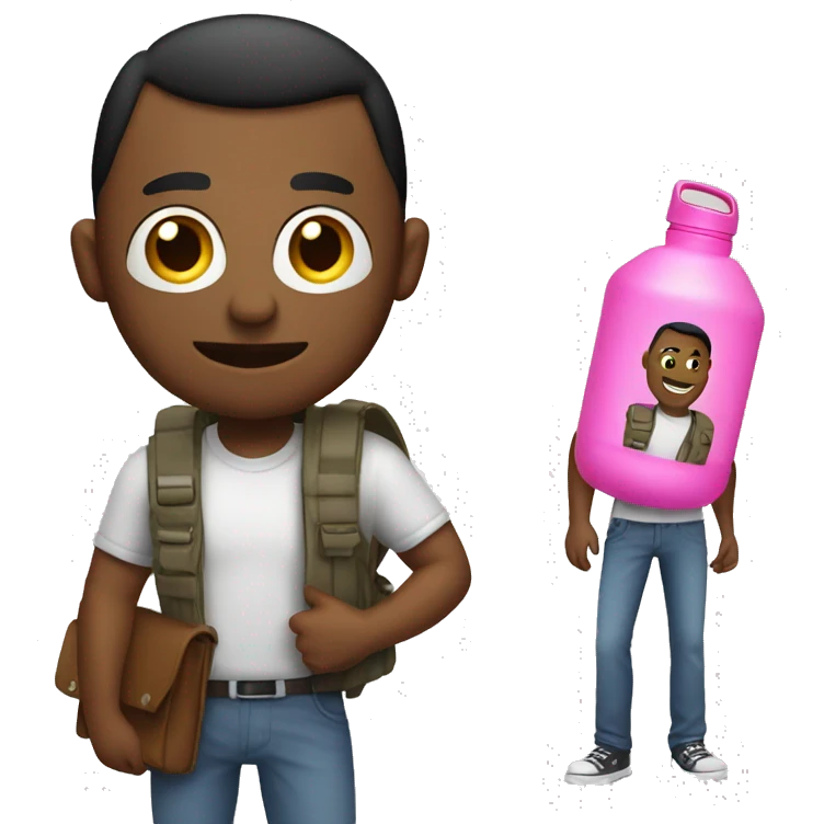 man standing with a bag carried on one shoulder and a pink metal water bottle in one side of the bag emoji