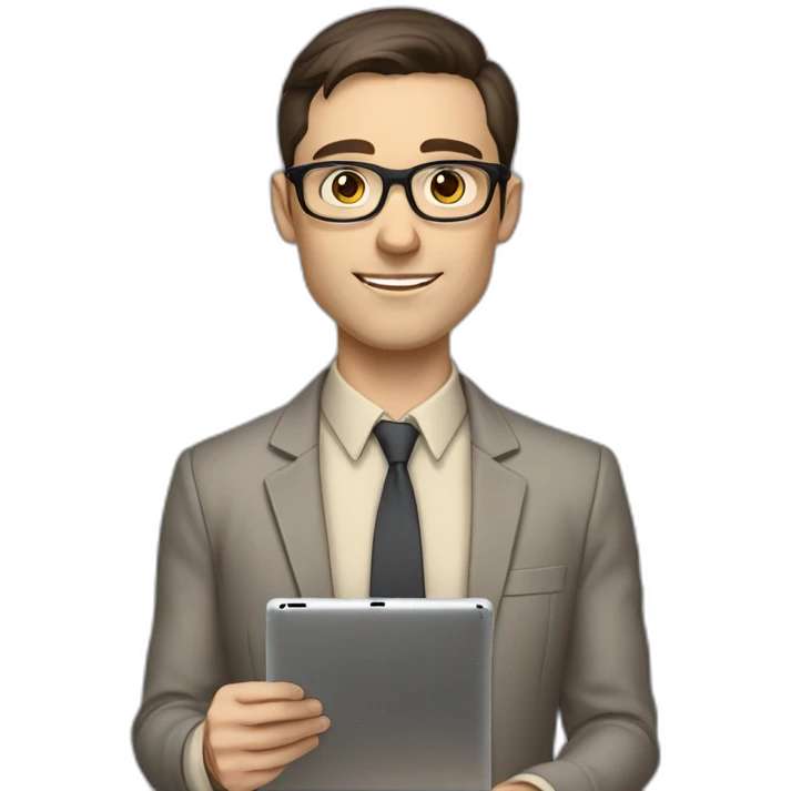 Pale skinned fit man with dark brown hair in gray jacket, beige office shirt, brown tie, brown pants and vintage glasses Writing on the tablet emoji