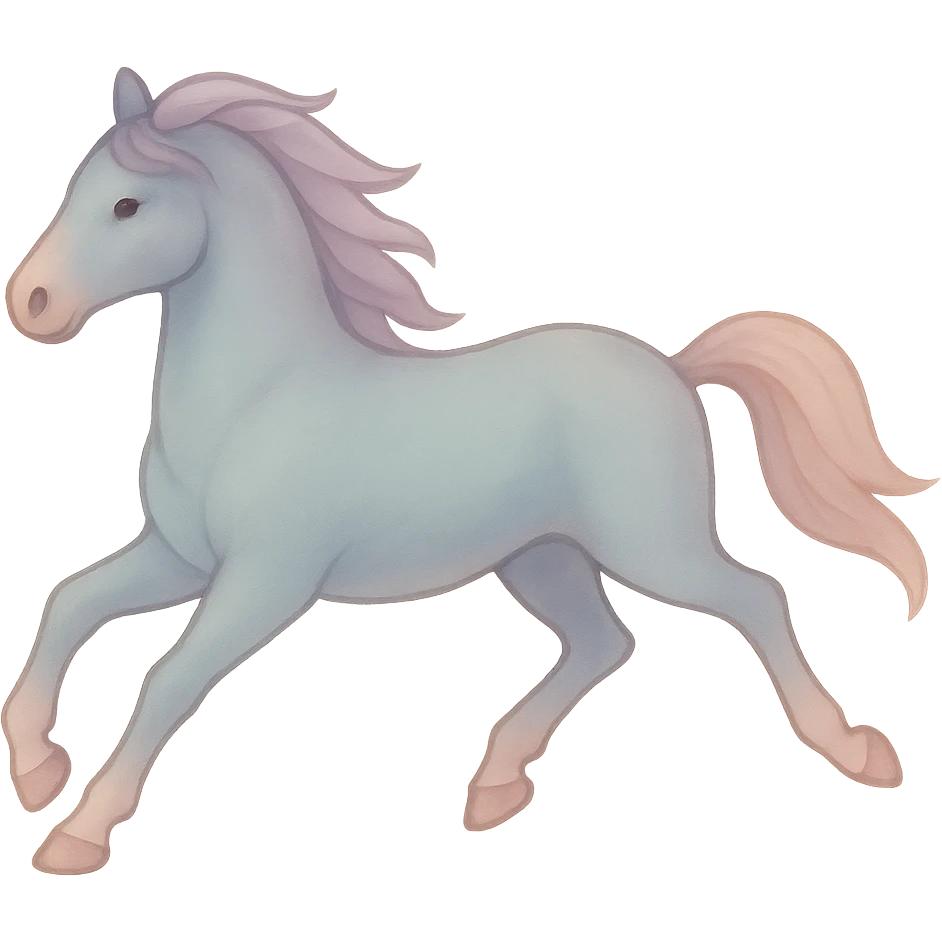 Edit the horse in Chinese eastern style with pastel palette #98B5BC, #B5B3C1, #C9A3C9, #E4C0CA, #F7DCD1, #F7C0AA. Use thin clean outlines, soft rounded shapes, detailed shadows and highlights, soft lighting, transparent background. Make it less cute and without decoration. Second frame: body position and appearance as in the original image, but legs changed to gallop phase — front legs bent, hind legs extended. emoji