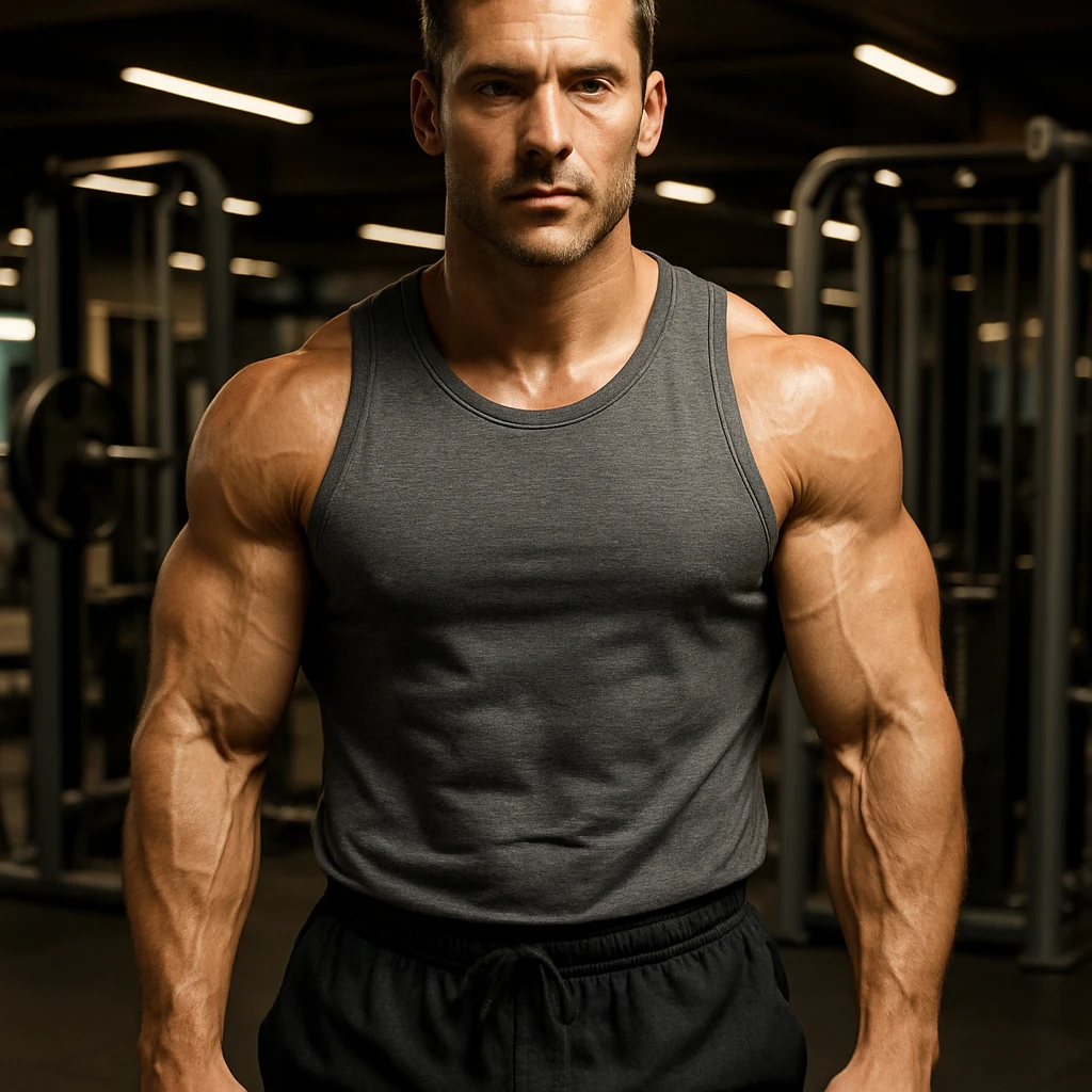 A 35-year-old bodybuilder con equilibrio su uso di sostanze e non. immagine iper realistica emoji