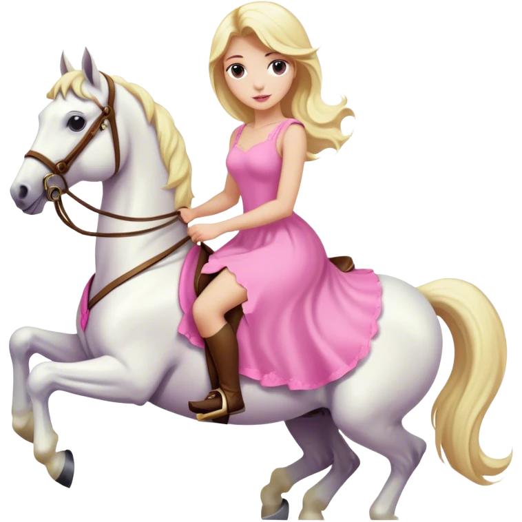 a blonde woman wearing pink dress and riding a white horse  emoji