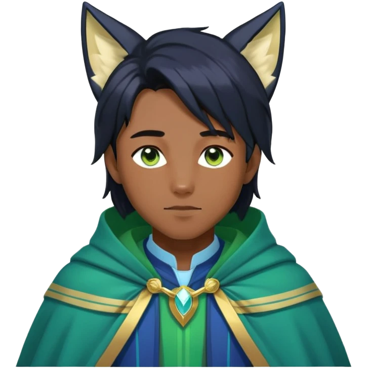 Black anime man with straight long black hair with light-green stripes in it, long dark-blue-black-gradient fox ears, hazel-gradient-brown-turquoise eyes, gold earring, dark-blue-sweater, green cape,  emoji