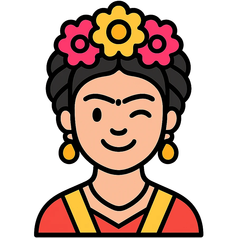 Frida Kahlo souriante qui fait un clin d'œil, style icône moderne, lignes épurées, couleurs contrastées emoji