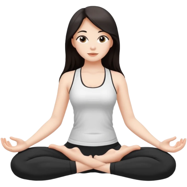 Девушка белокожая, с длинными темными волосами, в одежде для йоги - черные лосины, белый топ, сидит в позе йоги, правильные пропорции тела, только человек emoji