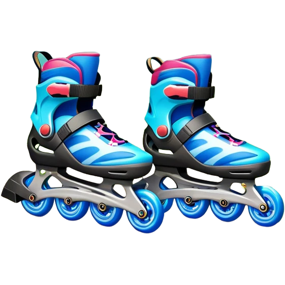 An icon featuring a pair of colorful inline rollerblades resting on a park path. The background showcases winding park pathways, lush green trees, and vibrant flowers along the way. The scene radiates a sense of freedom and outdoor activity under a clear blue sky. Transparent background emoji