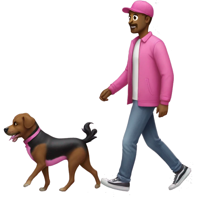 An guy walk on park with his pink dog emoji