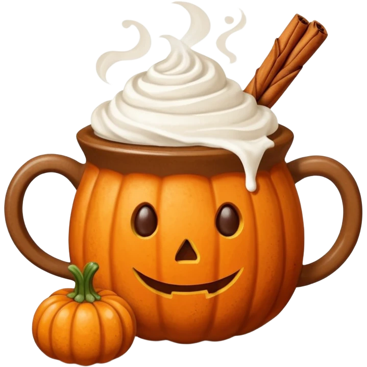 Steaming coffee Mug with whipped Cream and cinnamon Dust on Cream.  Small Punkin and 3 sticks of cinnamon next to mug emoji