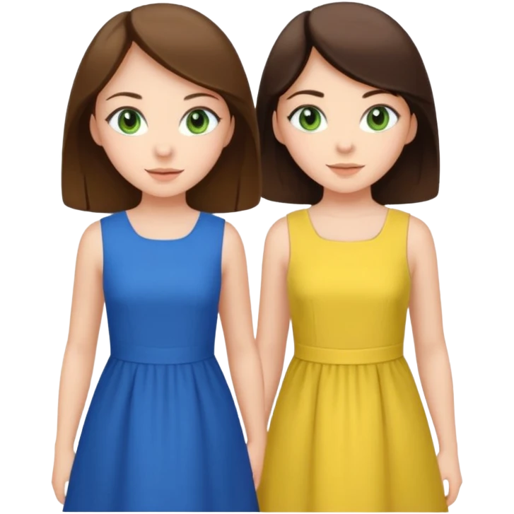 A brunette sister with green eyes and a brunette sister with green eyes in different clothes standing happily emoji