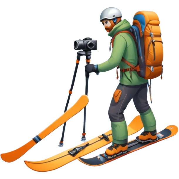 Icon for Mountain Tourism: a distant snow-capped mountain peak with skis, a snowboard, an ice axe, a backpack and a camera. The icon should convey the spirit of adventure and exploration in the mountains. Transparent background. emoji