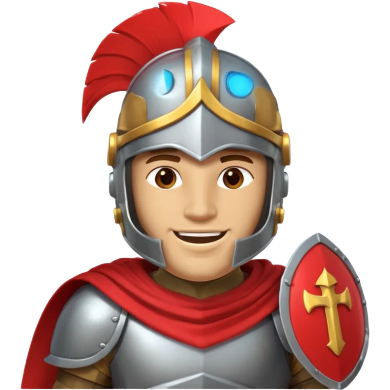 A friendly Trojan warrior mascot with a large cartoon-style head, wearing a silver helmet with a red crest and black cheek guards.  confident smile. The character wears dark armor with metallic details and a WITH yellow cape.  emoji