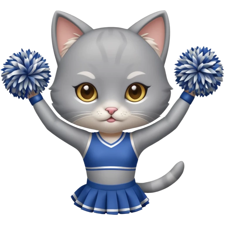A cute chibi sleek grey cat cheerleader twirling pom-poms with confident energy. emoji