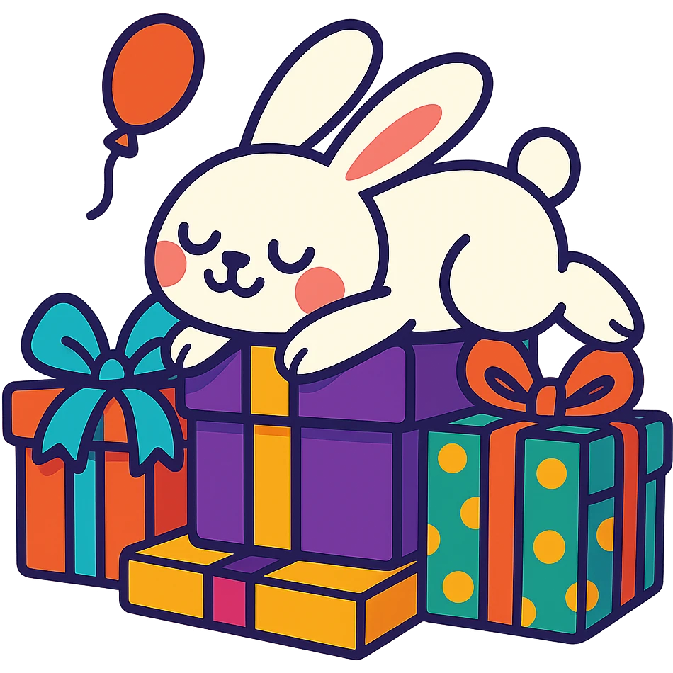 bunny lying on birthday gifts, sleepy and happy smile eyes, vibrant-toon style emoji