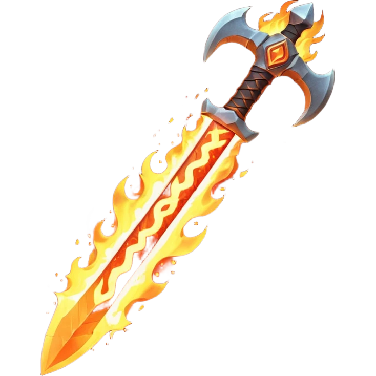 fire guardian sword object icon, flaming blade, glowing lava runes, ember sparks, fantasy weapon, 3D cartoon, mobile game icon style, centered, clean background, no text, no watermark
 emoji