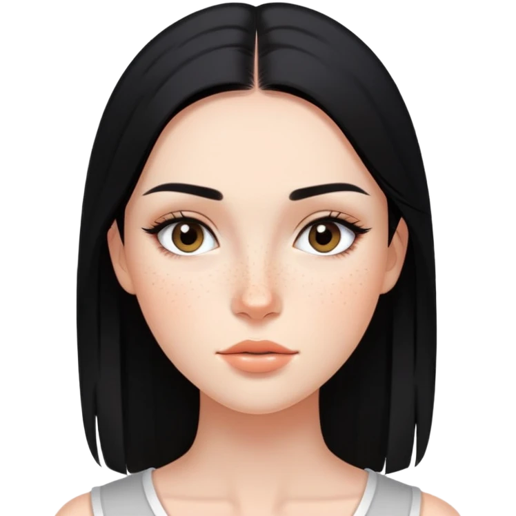 young woman with sleek black straight hair, natural makeup, and freckles across cheeks emoji