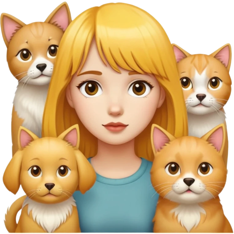 Girl with yellow bangs surrounded by golden retriever and three cats emoji