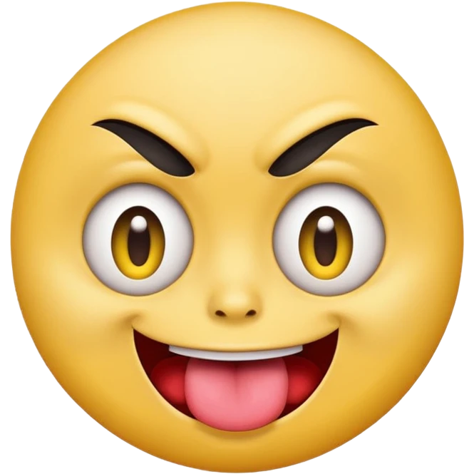 A yellow round face emoji smirking with its tounge out but the eyes are evil and kind of crazy and only one of the eyebrows is raised higher than the other eyebrow emoji