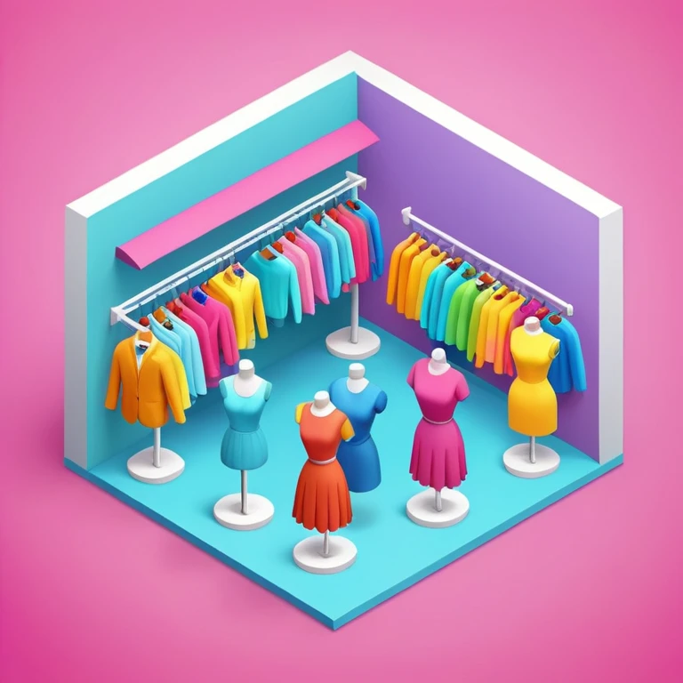isometric clothing boutique shop with mannequins and colorful clothes emoji
