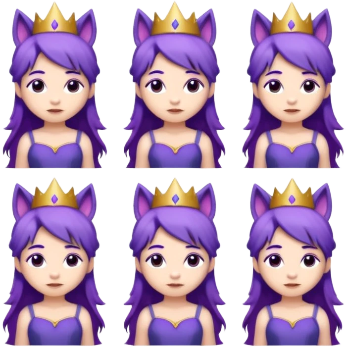 A collection of twelve chibi-style illustrations of a cute princess wearing a purple dress and crown with purple hair and purple wolf ears and purple wolf tail character. Each square shows the character expressing a different emotion against a white background And make a gap between each illusion emoji