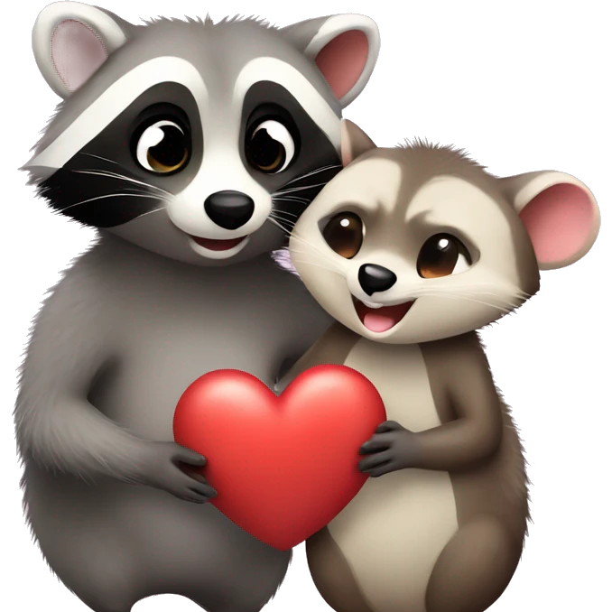 Raccoon and opossum cute couple in love with heart emoji
