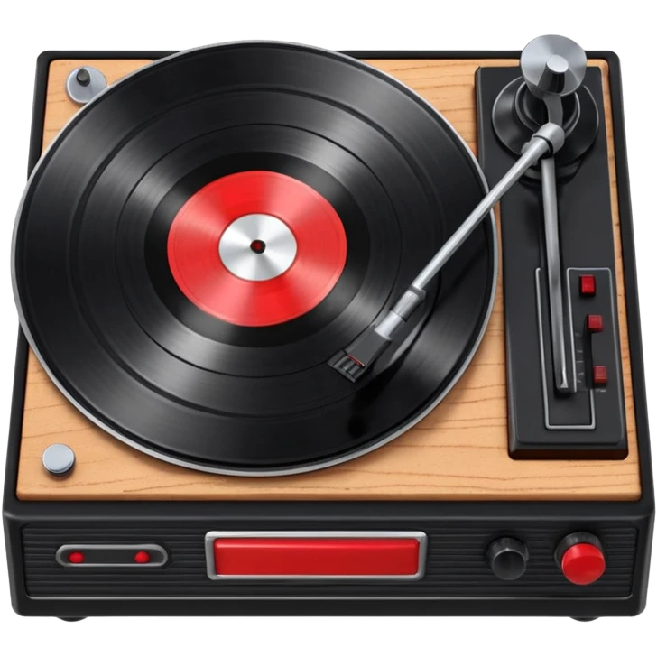 3D render of Vinyl Record, vintage 1980s audio equipment aesthetic, tactile analog buttons, shiny black grooved disc with a red center label, mixed wood grain and brushed aluminum textures, Apple emoji style, isolated on white background --v 6.0 emoji