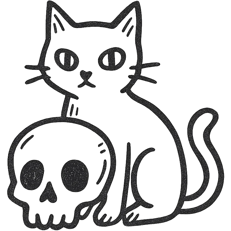 black cat and skull, minimalist hand-drawn sketch line art emoji