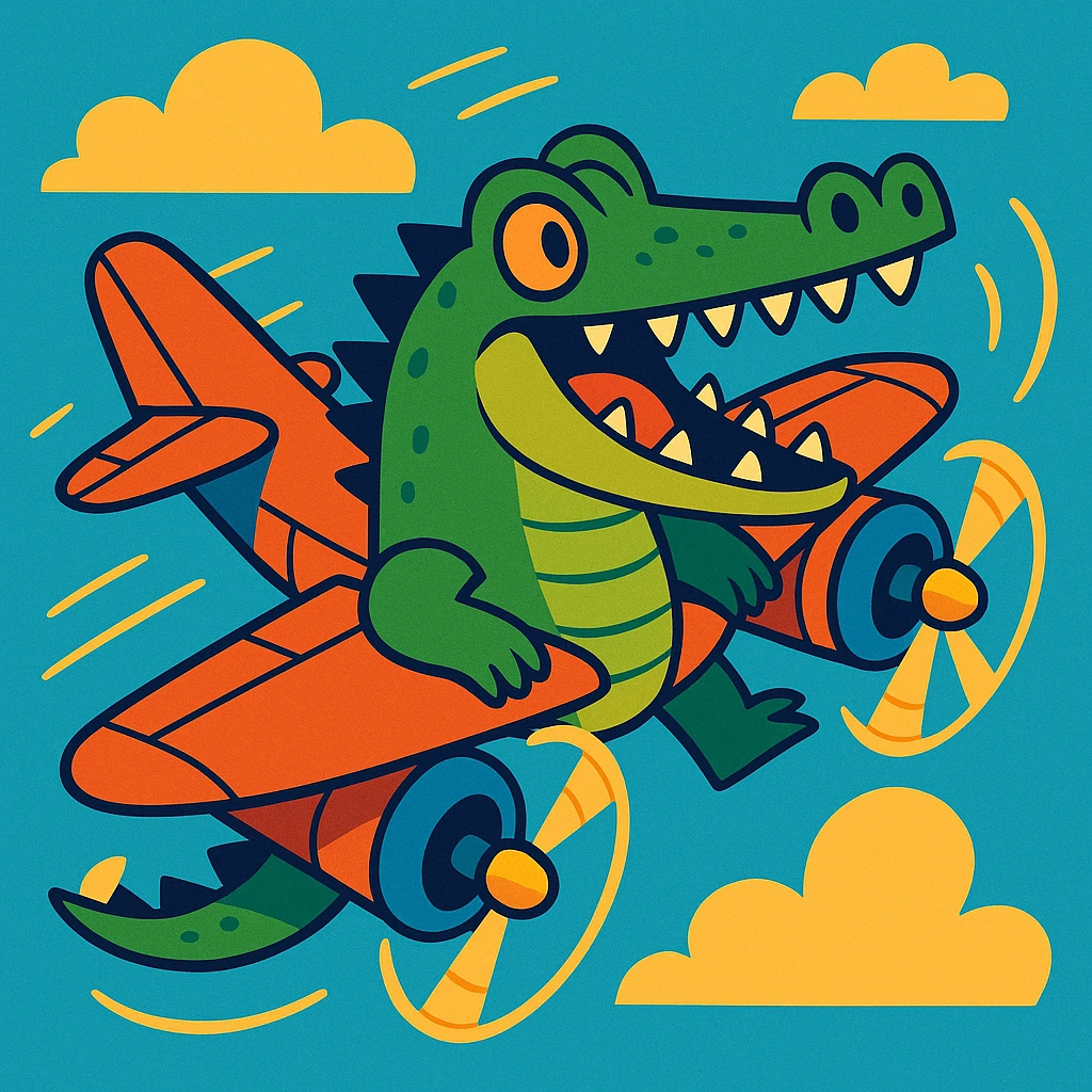 a crocodile with bomber plane wings and propellers, whimsical, energetic illustration emoji
