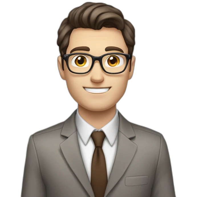 Pale skinned fit man with dark brown hair in gray jacket, beige office shirt, brown tie, brown pants and vintage glasses Writing text on the flipchart emoji