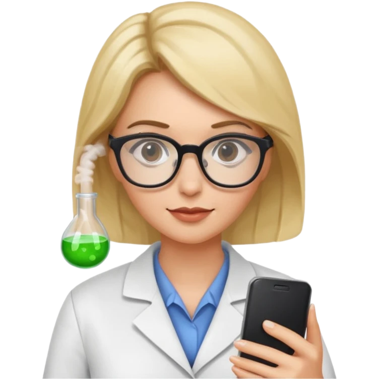 científica mujer viendo un celular emoji
