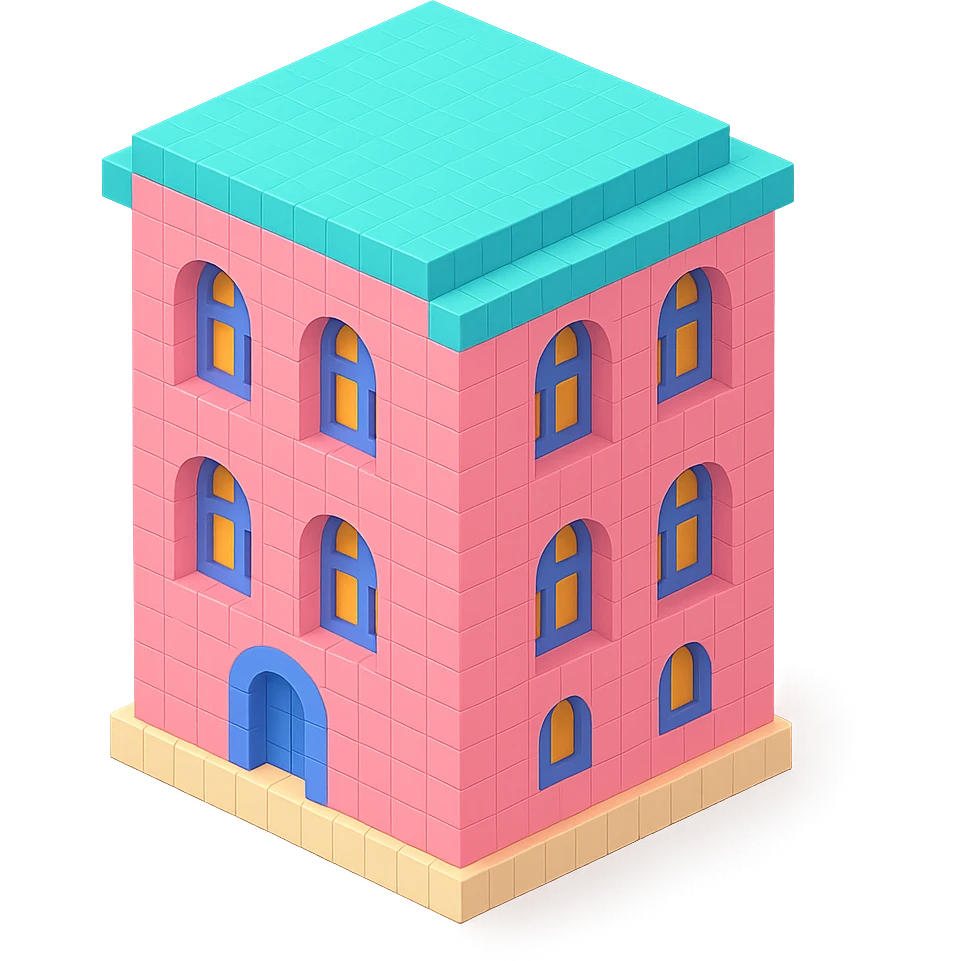 old Saint Petersburg building, pink pastel facade, arched windows, isometric view emoji