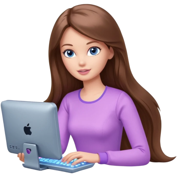 beautiful barbie girl with long brown hair, blue eyes and wearing light purple clothes playing computer games emoji