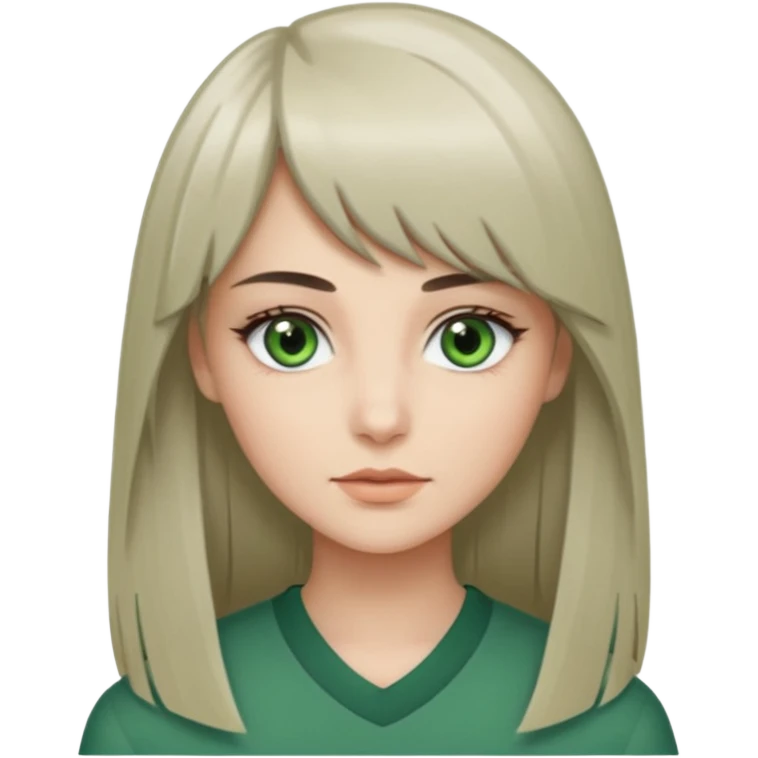 женщина с зелёными глазами, красивыми бровями, серо-бежевыми длинными волосами, с асимметричным пробором, прямой чёлкой, подстриженной каскадом emoji