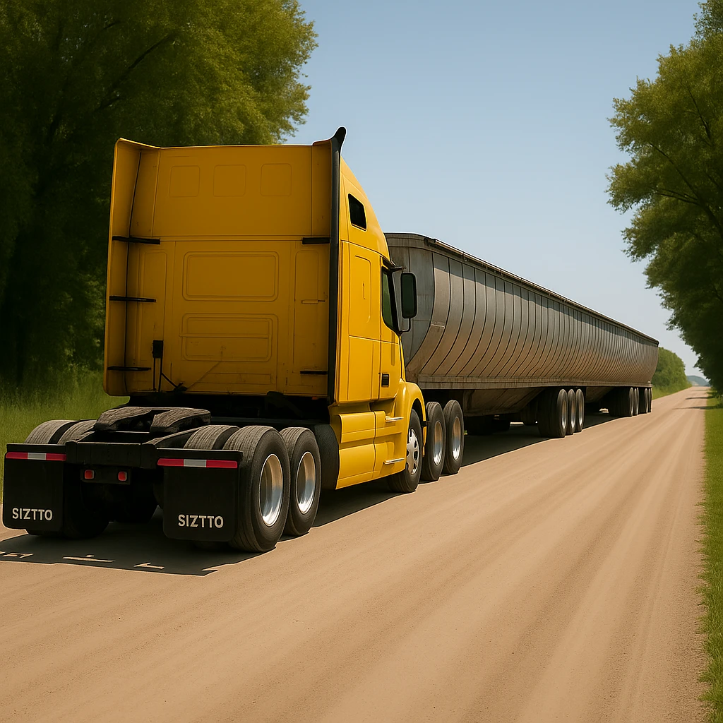 Increase the rear three-quarter angle even more, showing more of the back and less of the side of the Volvo yellow semi sleeper truck with a significantly longer silver end dump trailer, photorealistic, driving away down a rural dirt road with trees and grass, bright daytime lighting, clear sky. emoji