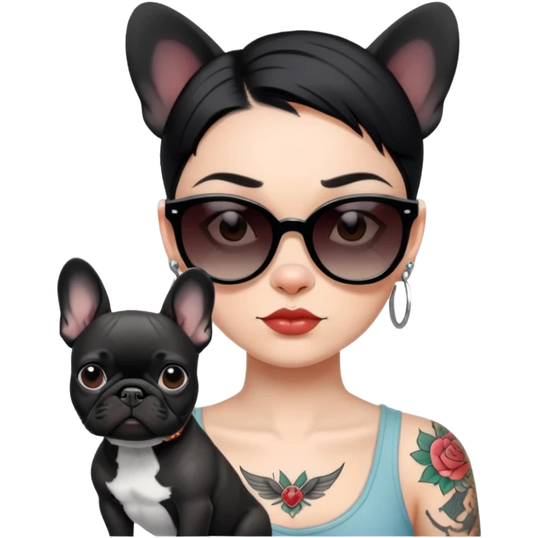 girl with short black  straight hair and tattoos and Wearing sunglasses and a black French bulldog emoji