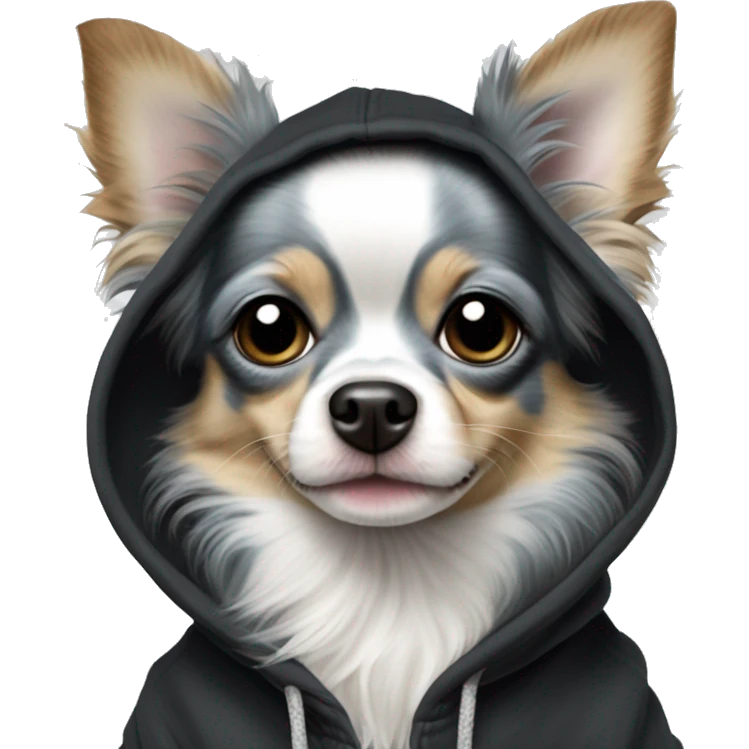 Realistic blue Merle long hair chihuahua dog in a black hoody emoji