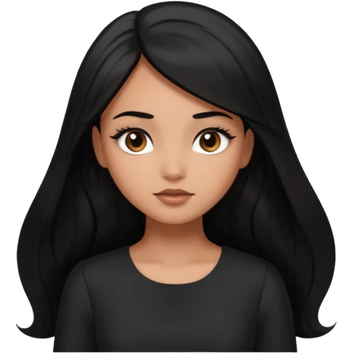 She has round head with oversized glossy eyes that dominate her face, giving her a dreamy expression. Her eyes are a warm brown with long lashes. She has light brown skin. Long jet black hair. She’s wearing a dark dress emoji