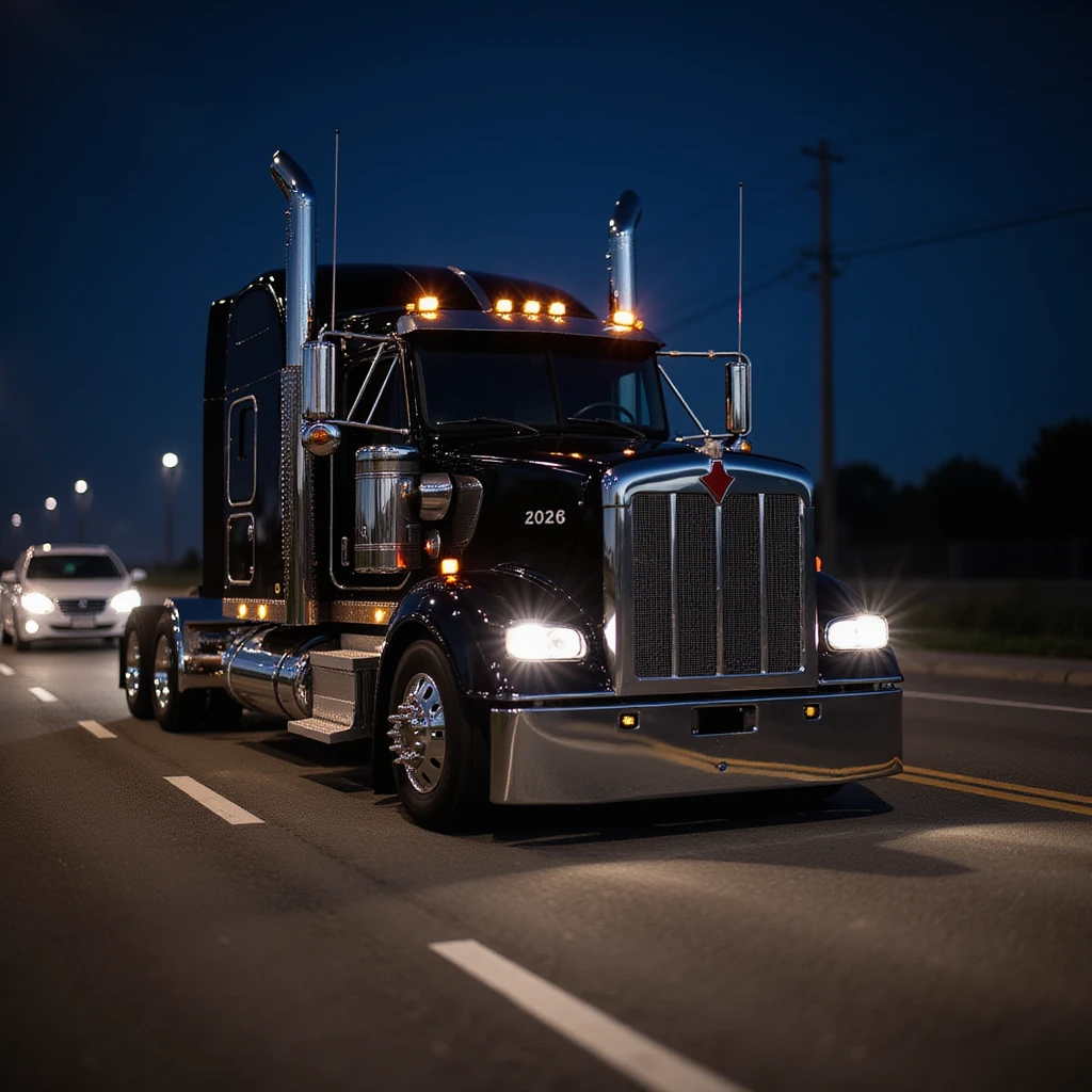 2026 Black Kenworth T680 Sleeper semi truck with tall chrome muffler stacks, headlights on, driving down a road with a car in front, realistic details, night scene emoji