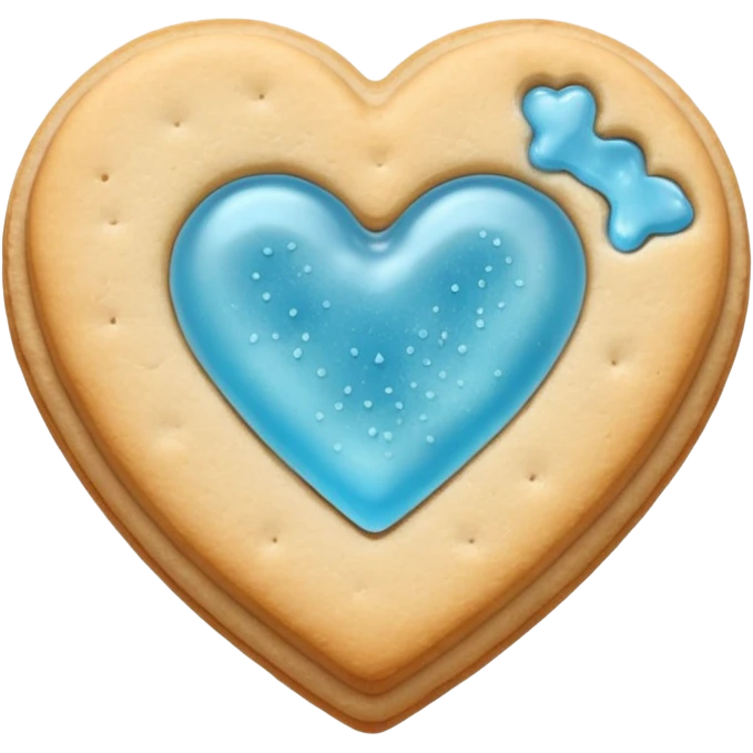 Realistic shortbread cookie in the shape of a heart with light blue jelly middle filling and sprinkled powder sugar on top. emoji
