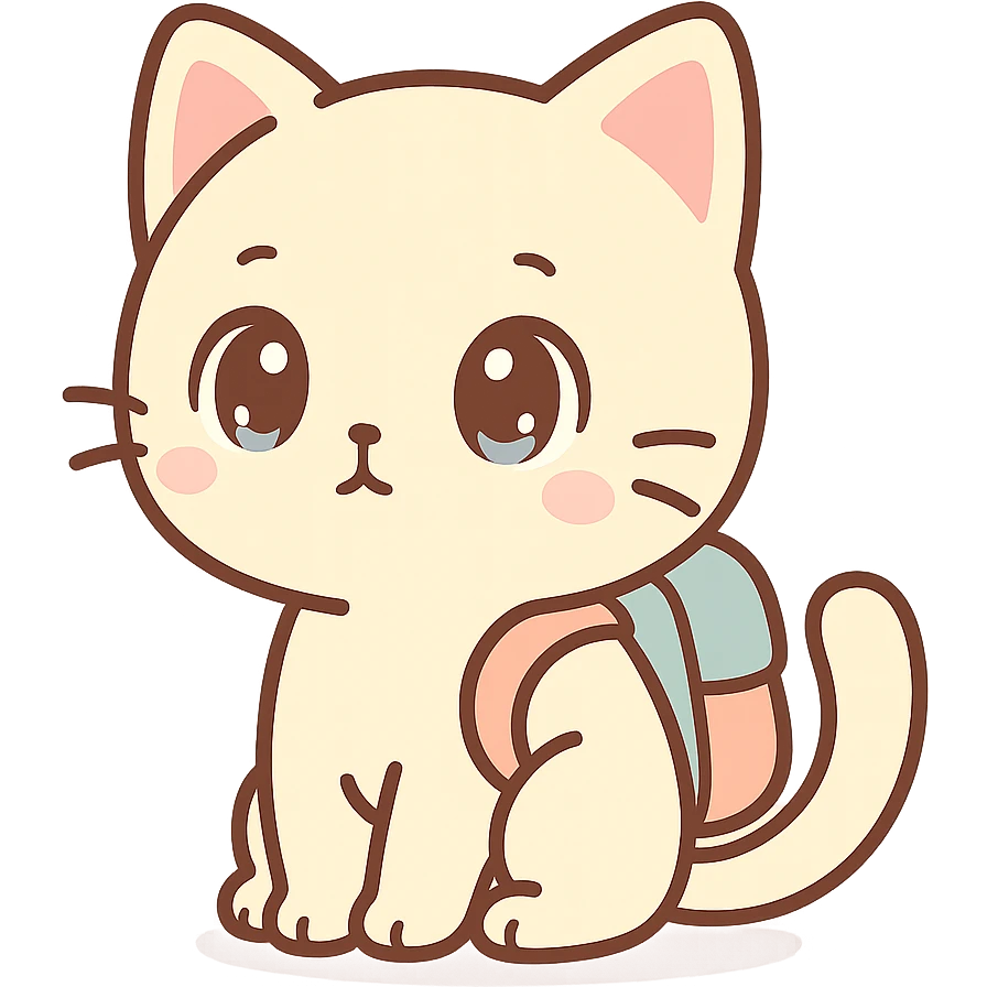 anime style cat with a backpack, sitting and looking curious emoji