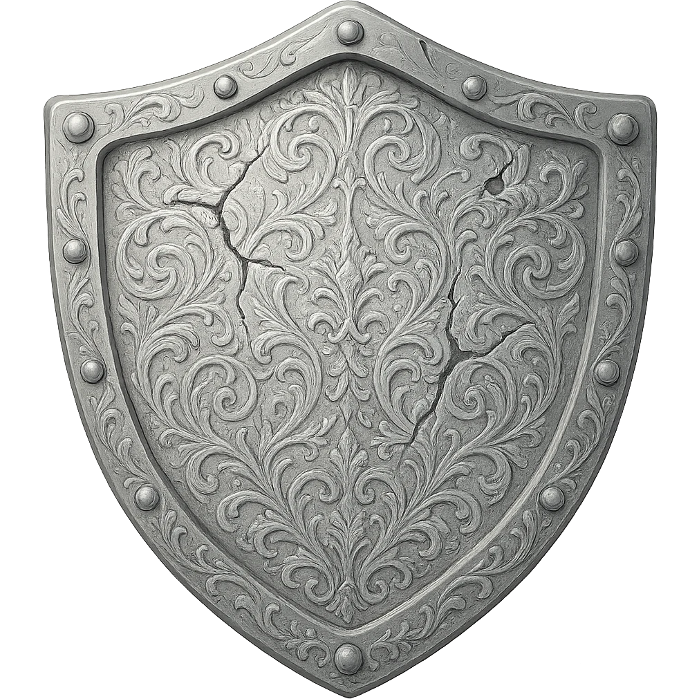 Add ornate engravings to the silver shield while keeping the very light silver color. Do not add any gold or gems. The style should match the platebody and platelegs style shown in the reference image. The original style is emoji style but since emoji style does not support editing, use a general style that respects the emoji look. Transparent background. emoji