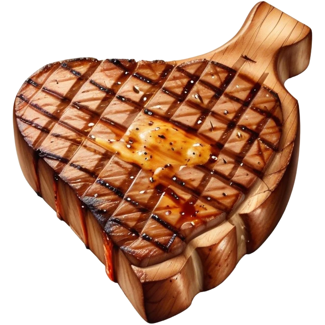 Cinematic thick-cut t-bone steak, perfectly seared with grill marks, a grilled center, rich and savory, warm glow, sizzling and mouthwatering, highly detailed and appetizing. emoji