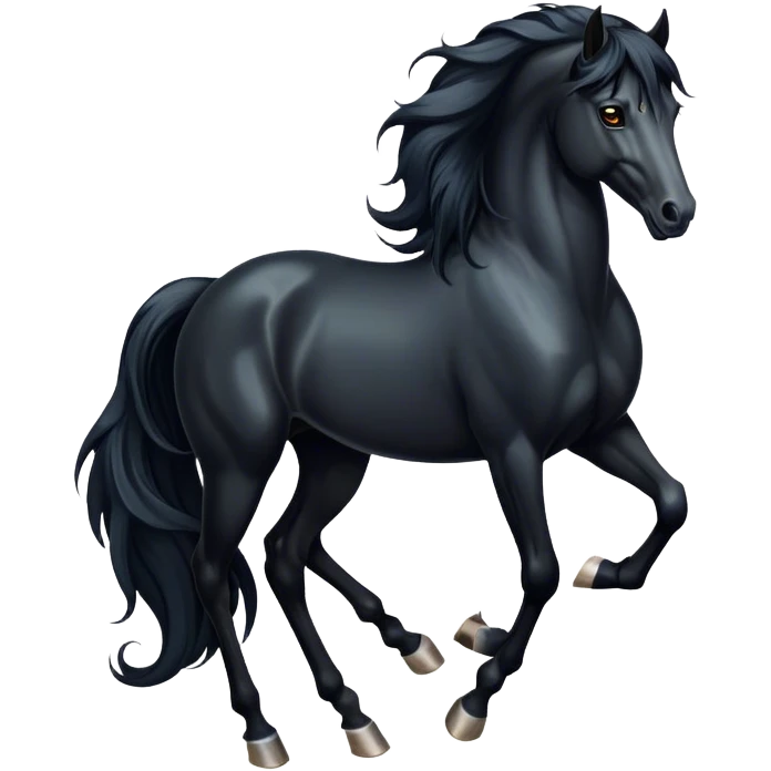 Cinematic Elegant Black Horse Portrait Emoji, Head held high with a serene, powerful gaze, showcasing a magnificent jet-black fur with a radiant, glossy finish, a flowing mane and tail, and piercing dark eyes exuding beauty and strength, Simplified yet majestically refined features, highly detailed, glowing with a soft, ethereal light, high shine, poised and breathtaking, stylized with an air of pure elegance, capturing the essence of a stunning and graceful steed, so beautiful it feels like it could gallop out of the screen with effortless charm! emoji