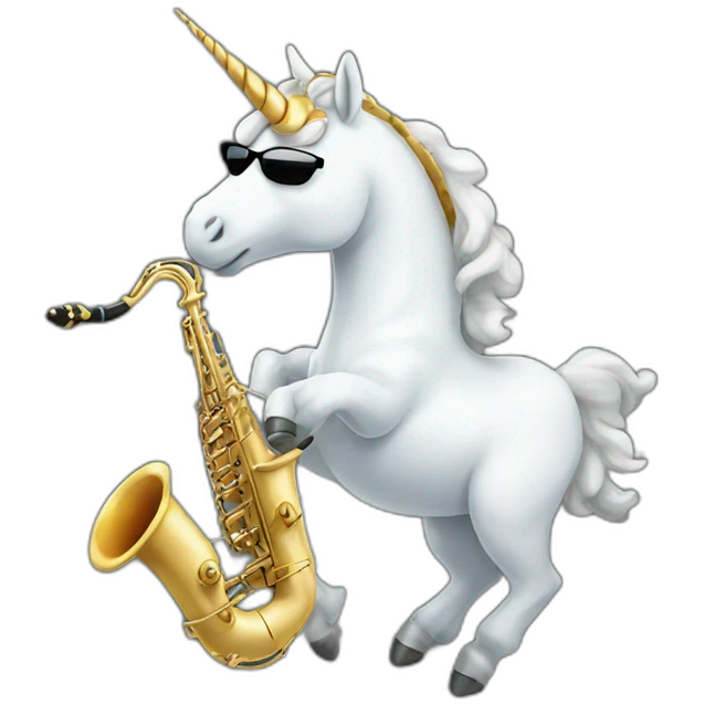 a unicorn wearing sunglasses and playing saxophone on a cloud emoji