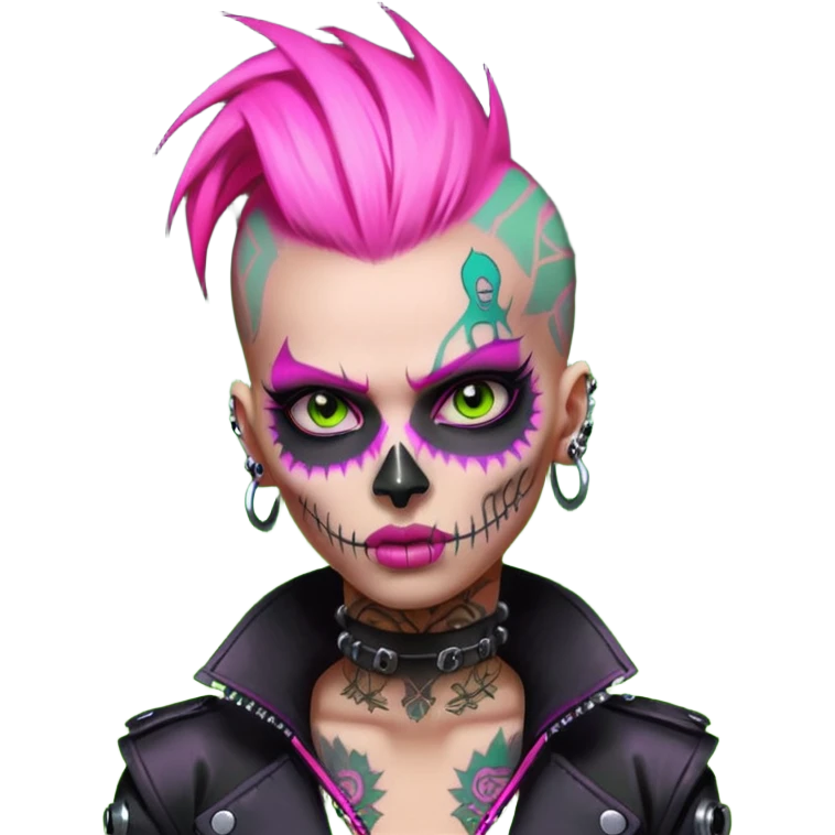 Cyberpunk female punk, pink mohawk, skull face tattoos, bionic neck, aggressive expression, neon green lighting emoji
