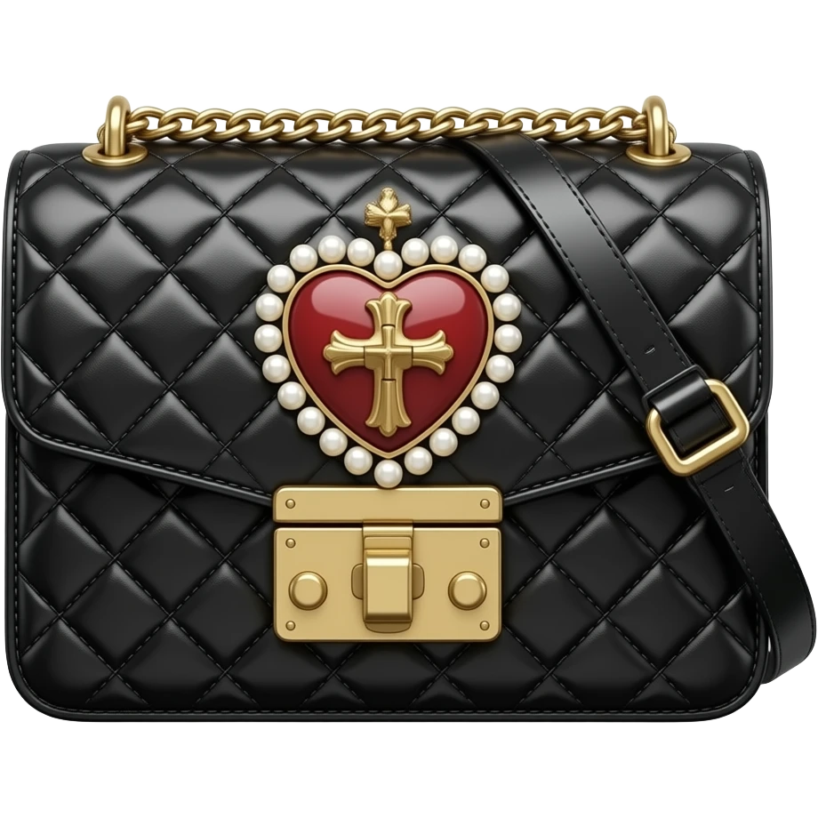 Hyper Realistic, highly detailed, isolated, 3d rendering,  Dolce&Gabbana
Devotion Medium Quilted Crossbody Bag, in black leather with a Pearly-beaded sacred heart logo seal in realistic golden hardware on the front, 8k hd, no emoji icons no emoji faces  emoji