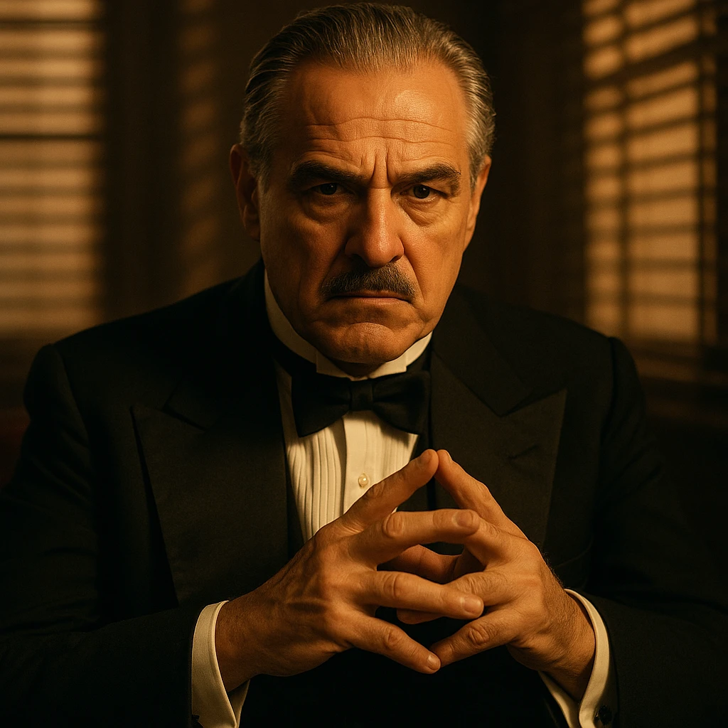 A stern older Italian mafia boss sitting in a dimly lit room, wearing a classic black tuxedo with a white shirt and black bow tie, holding his fingers in a thoughtful gesture. He has slicked-back grey hair, a mustache, and a serious, powerful expression. Warm cinematic lighting with dramatic shadows, blinds casting light stripes on the wall behind. 1940s Italian-American mafia atmosphere, cinematic close-up portrait. emoji