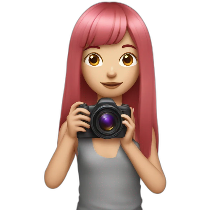 girl with long, straight rose hair and fringe and holding camera emoji