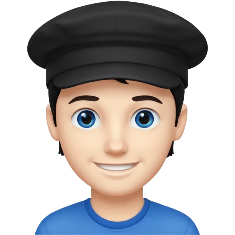 Menino branco de cabelo escuro, boné preto, olhos azuis emoji