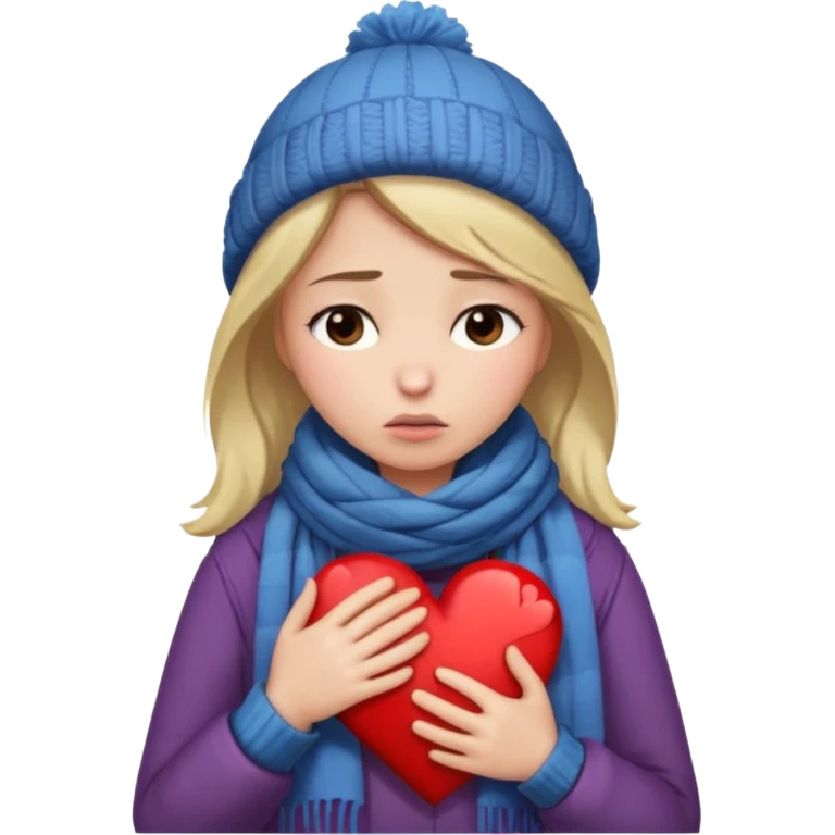 woman broken hearted, shedding a tear, looking down sad holding her heart breaking, wearing a winter outfit emoji